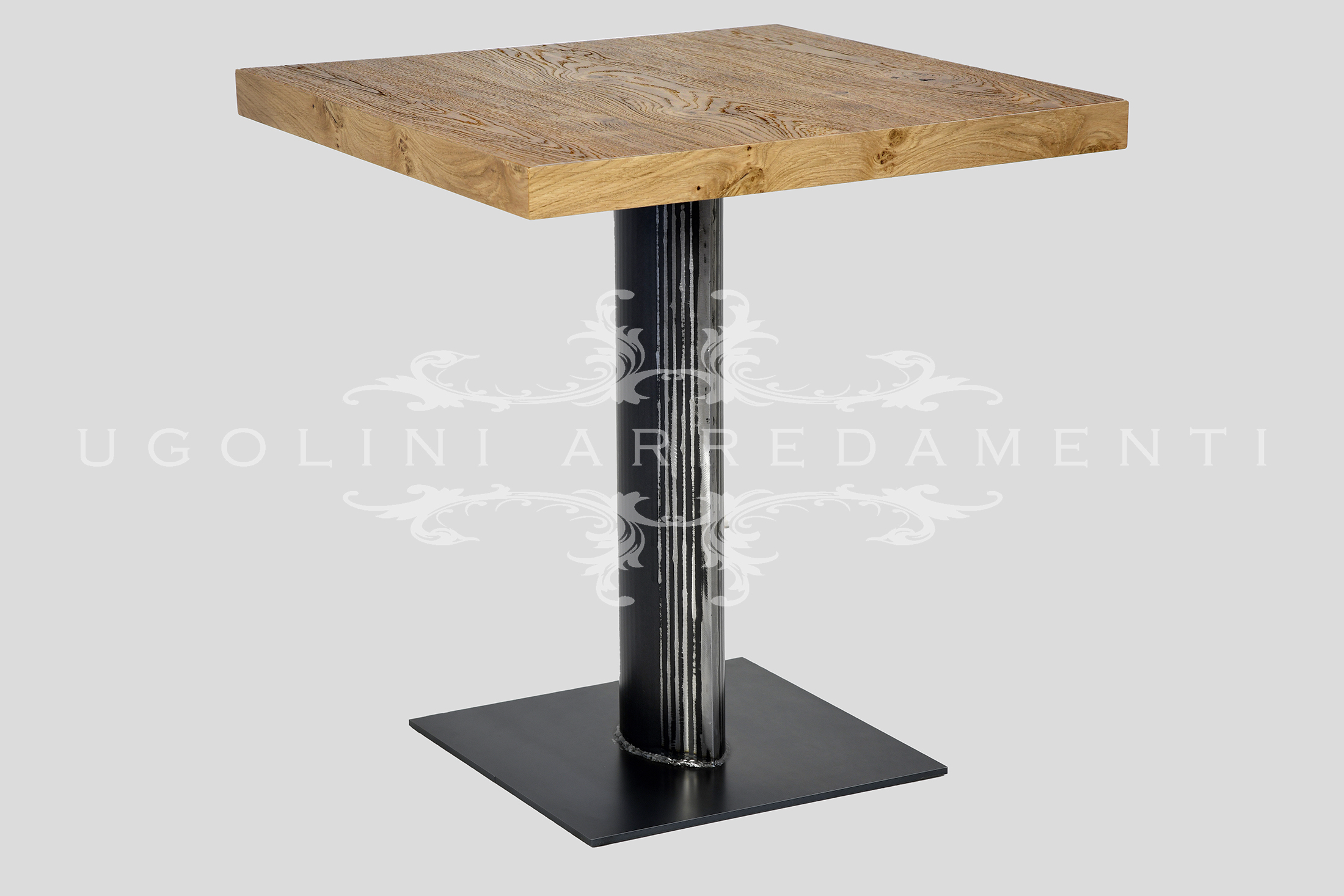 Knotted oak table with iron base