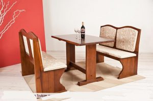 Panche di campionatura in legno tulipier tinto noce con rivestimento stoffa